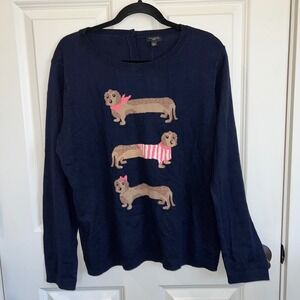 NWT Talbots Dachshund Crewneck‎ Long Sleeve Navy Sweater Size Petite XL